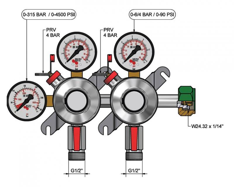 Double gauge reducer for nitrogen 791-969, 0-6/4 bar